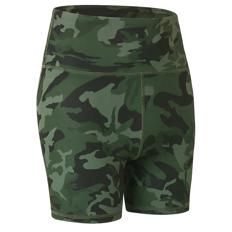 New Nude Yoga Shorts Camouflage Print Stretch Tight Running Sports Fitness Shorts - Army Green Camouflage