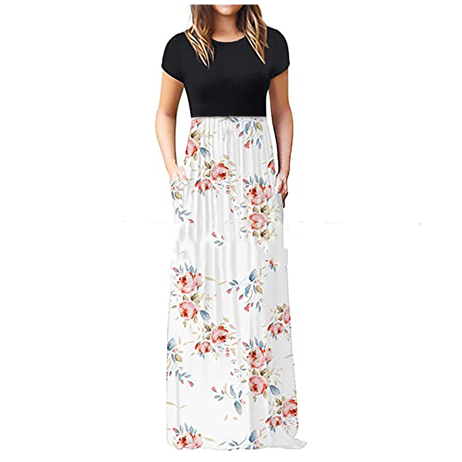 Summer New Round Neck Short Sleeved Printed Dress With Waist Long Skirt