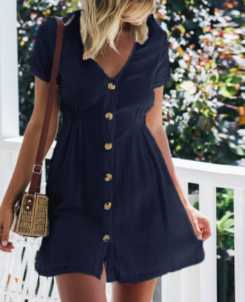 New women's solid color V-neck slim single-breasted button high waist dress for women