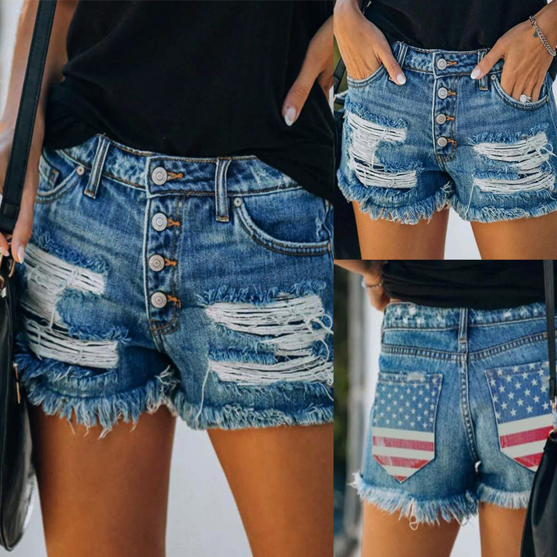 Summer Jeans Women Print Shorts With Ripped Fringe Fringe 4.Style - Shop at LoveMi