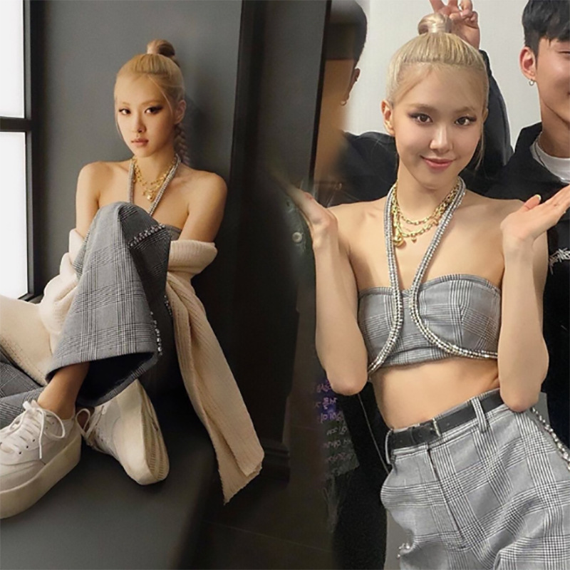 Halter Tube Top With Umbilical Strap High-waist Plaid Wide-leg Trousers With Diamonds