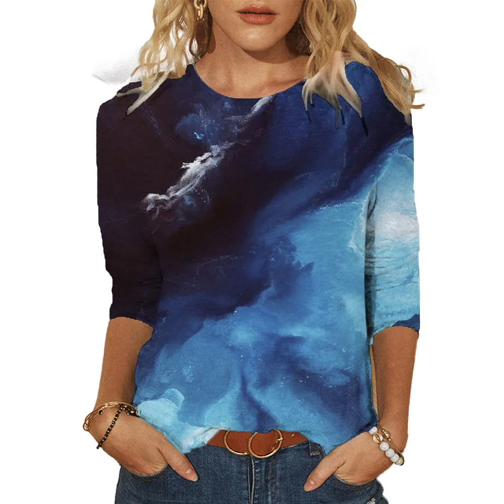 Landscape Painting Positioning Printing Three-quarter Sleeve T-shirt - H
