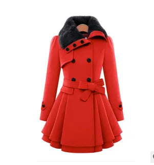 Women's Slim Mid-length Woolen Coat With Belt Thickened Double-breasted Padded Windbreaker Coat - Red