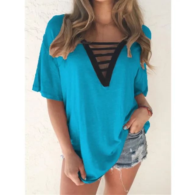 Women's V Neck Short Sleeved T Shirt Blue - Shop at LoveMi