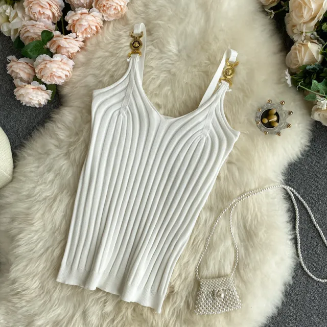 Women's Vest Sling Summer Outer Wear With Metal Buckle Sling V Neck Slim Slimming Bottoming Sleeveless Top White - Shop at LoveMi