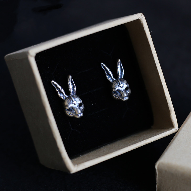 Red Rabbit Sterling Silver S925 Thai Silver Old Violent Scar Bunny Cross Hollow Earrings