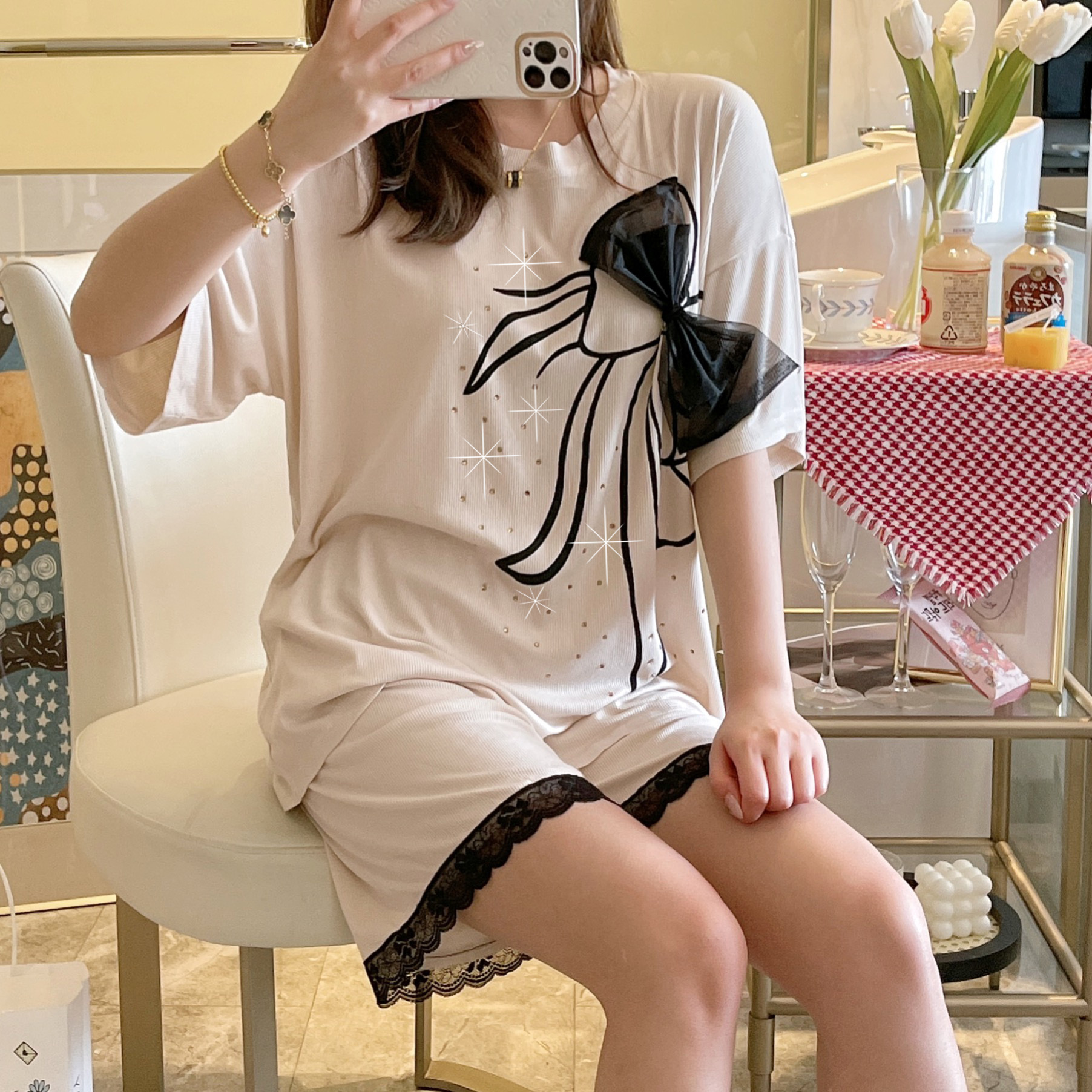 Title 5, Round Neck Pajamas Bow Short-sleeved Shorts Mod...