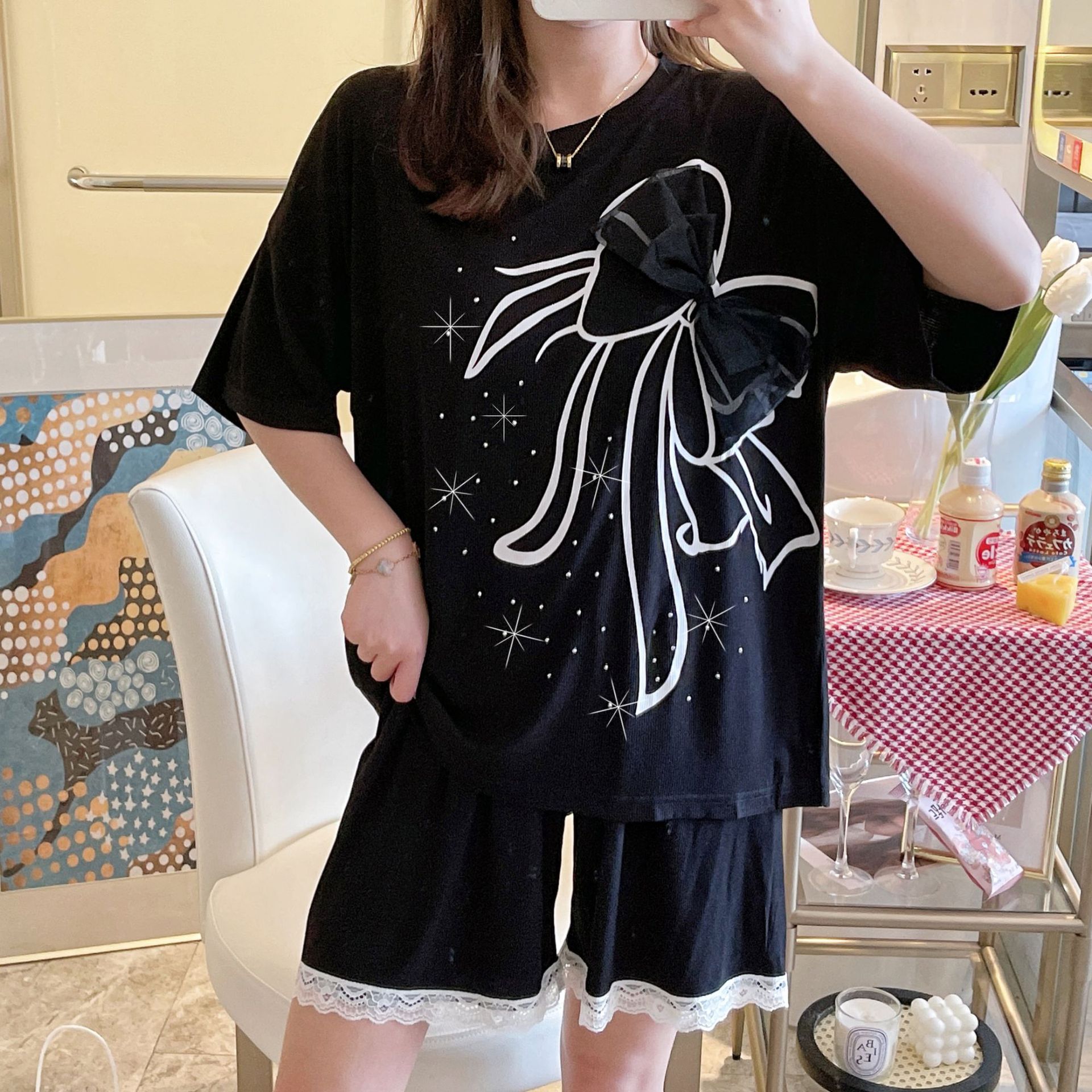 Title 2, Round Neck Pajamas Bow Short-sleeved Shorts Mod...