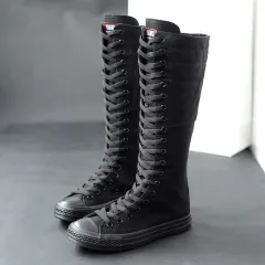 High-top Women's Casual Canvas Shoes Zipper Long Boots - Black - View 1
