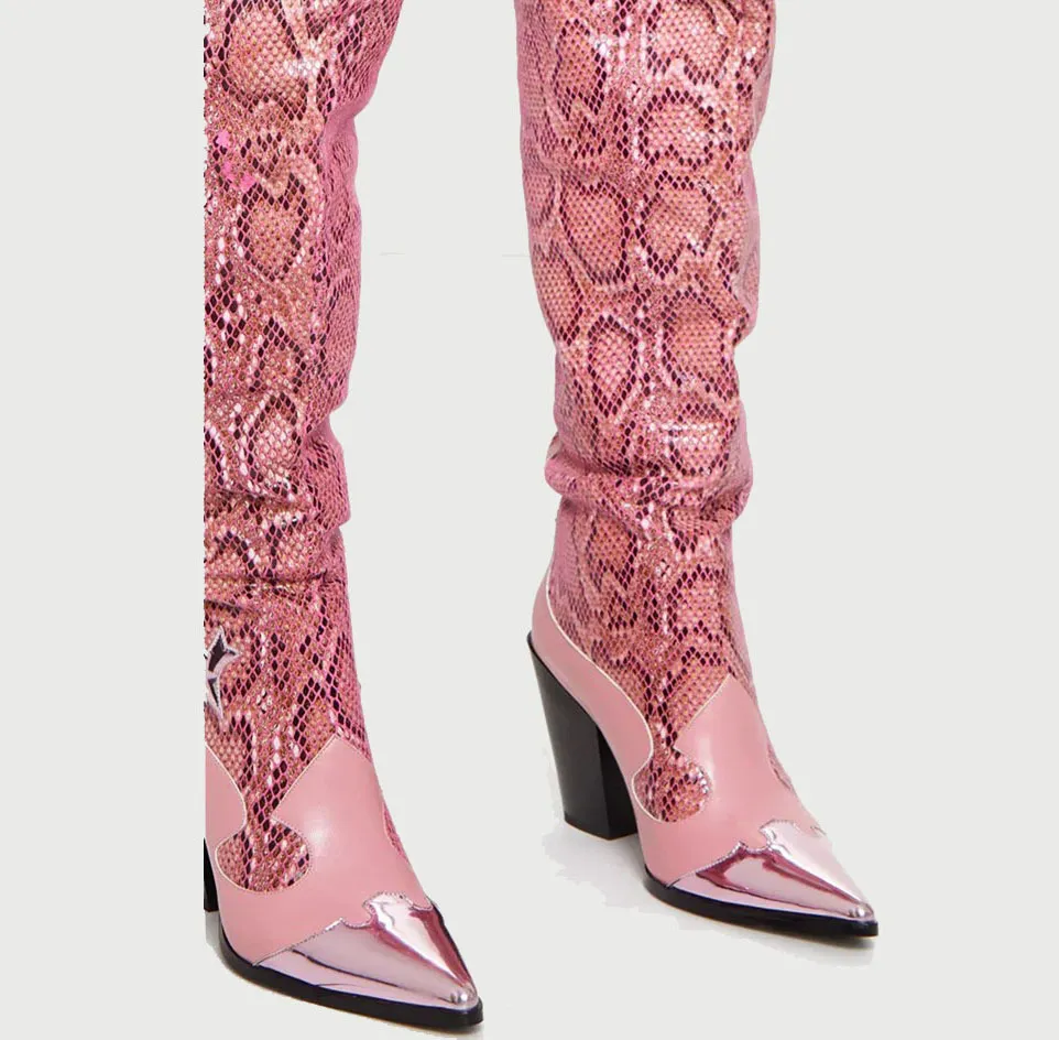 Fashion Sexy Snake Print Pointed Toe Thick Heel High Heel Boots Women - Pink