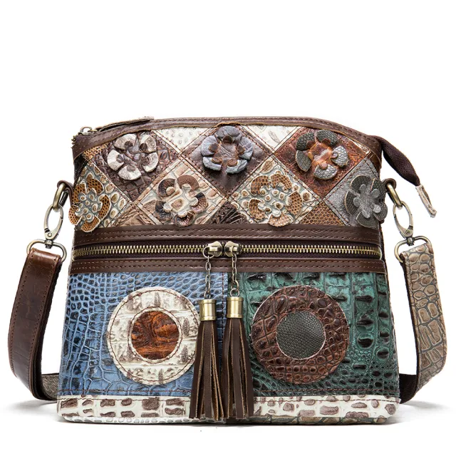 Retro Handbags Cowhide Stitching One shoulder Messenger Bag Color Flowers Ladies Bag Casual Leather Bag Retro Color - Shop at LoveMi