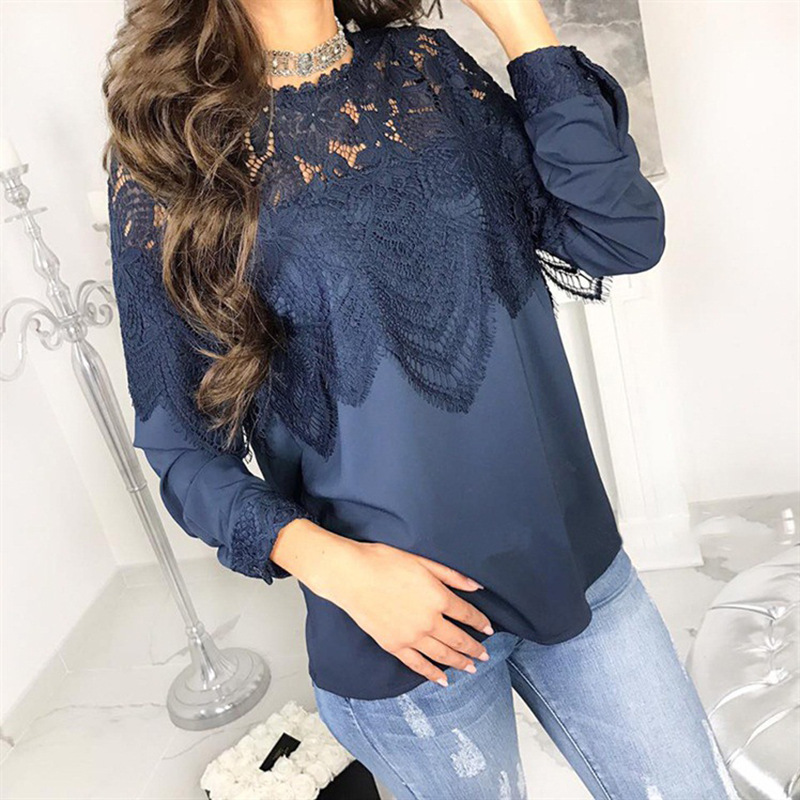 Sexy Lace Splicing Round Neck Long Sleeve Top Women's Wear Bottom Coat