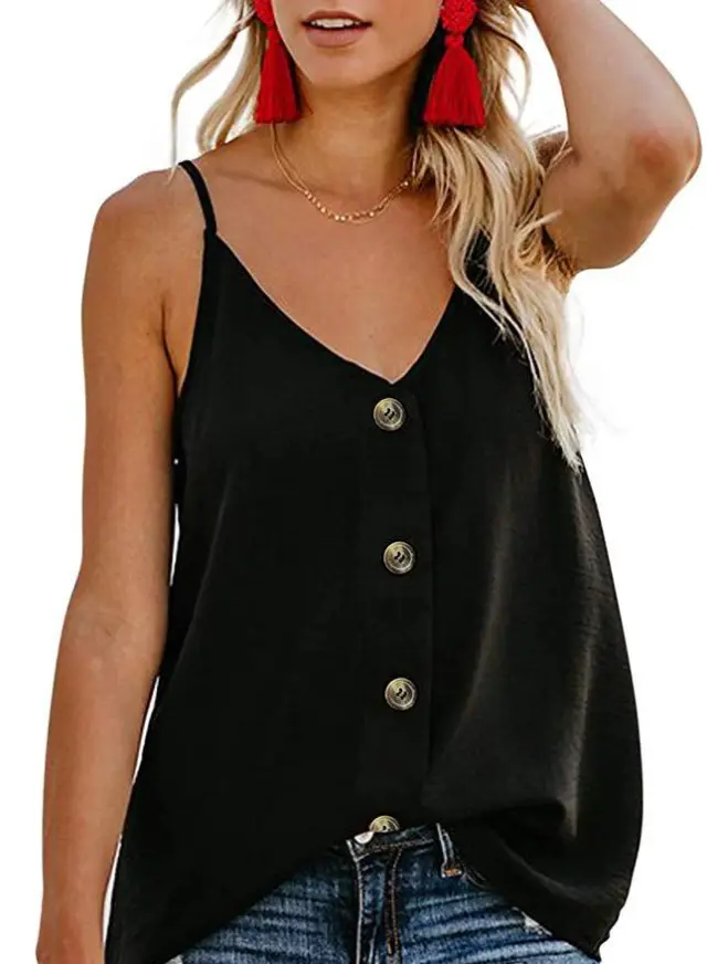 Button Strap V neck Halter T shirt Black - Shop at LoveMi