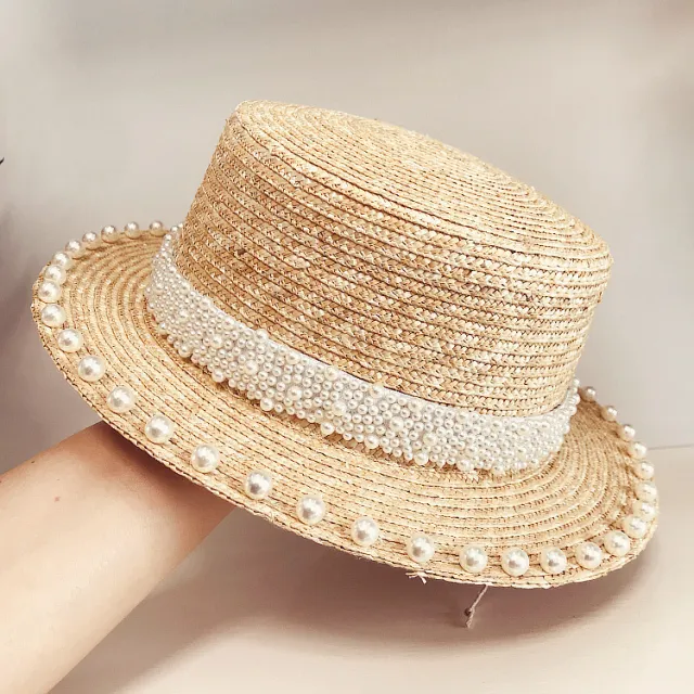 Elegant Retro Pearl Wheat Straw Flat Top Straw Hat Women's Summer Sun Protection Beach Hat Hepburn Style - Shop at LoveMi