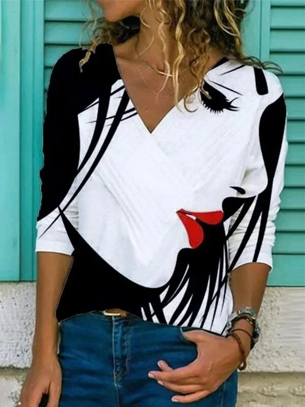 Long Sleeve Round Neck Face Pattern Ladies T shirt White - Shop at LoveMi