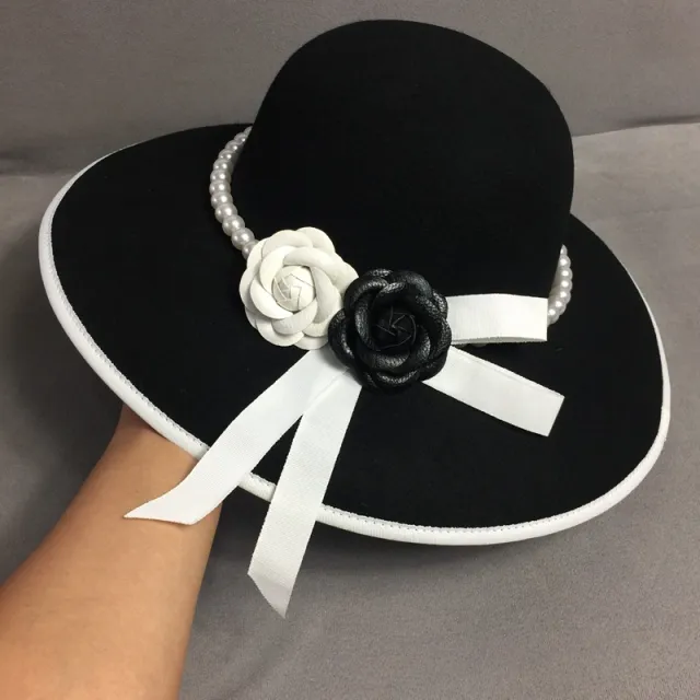 Woolen Big Brim Hat Elegant Flower Pearl Fisherman Hat Black - Shop at LoveMi