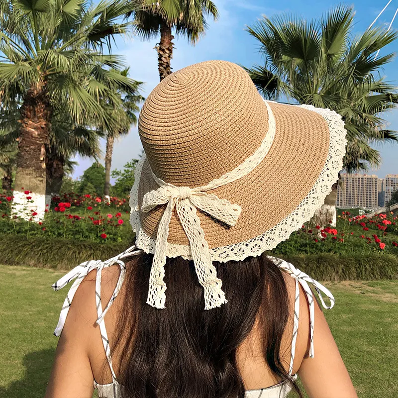 New Summer Women's Korean Version Of Gauze And Bowknot Straw Hat - Khaki