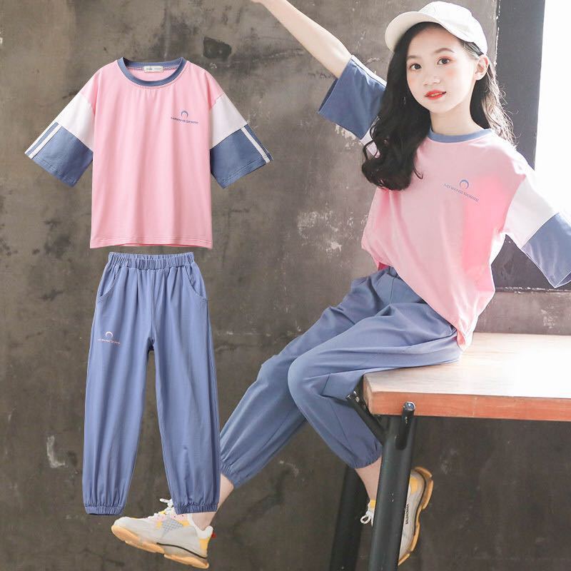 Big Children's Wide-leg Pants Suit Cartoon Printing Net Red Short-sleeved Flared Pants Two-piece