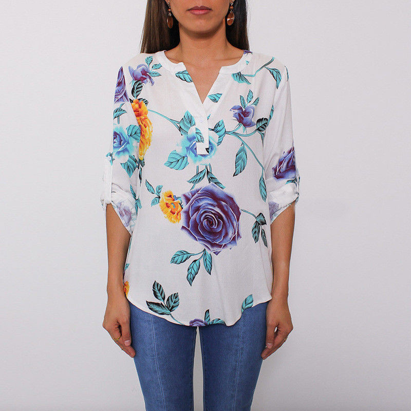 Flower Print Leaf V-neck Irregular Sexy Shirt Top