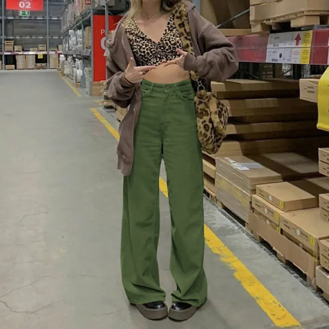 Street High Waist Pocket Corduroy Solid Color Loose Straight Pants Green - Shop at LoveMi