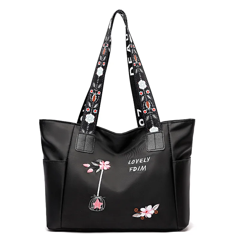 Nylon Cloth Shoulder Handbag Shopping Bag - Black