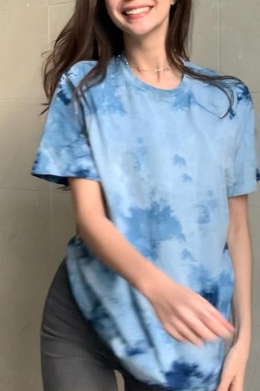 American Retro Blue Tie-Dye Washed Short-Sleeved T-Shirt Tide Ins Female Summer Loose Top