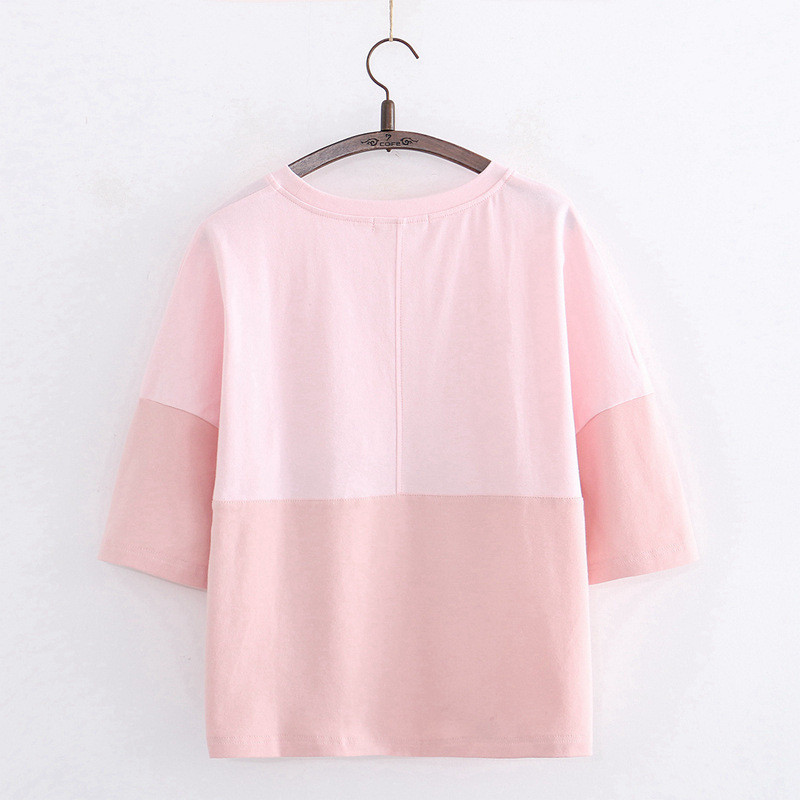 College Style Sweet Cartoon Two Rabbits Color Matching Round Neck Short-Sleeved T-Shirt Blouse
