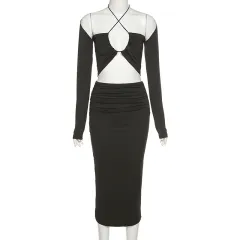 Halter-Neck Hollow Small Vest Long-Sleeved Blouse High Waist Bag Hip Skirt Half-Length Skirt Mid-Length Skirt Temperament Set Skirt - Black - View 1