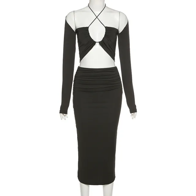 Halter Neck Hollow Small Vest Long Sleeved Blouse High Waist Bag Hip Skirt Half Length Skirt Mid Length Skirt Temperament Set Skirt Black - Shop at LoveMi