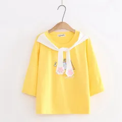 Tie Cat Paw Cartoon Print Short-sleeved Cotton T-shirt Women - Yellow - View 1