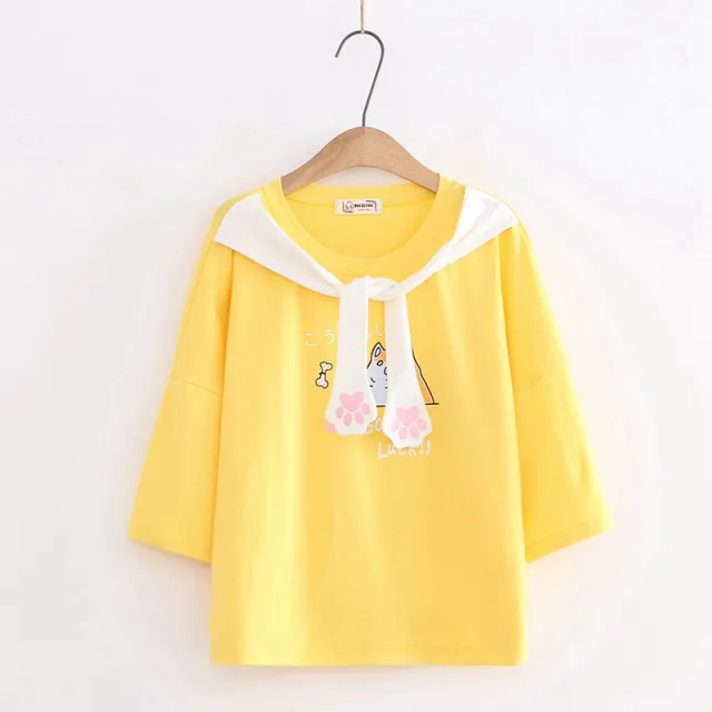 Tie Cat Paw Cartoon Print Short sleeved Cotton T shirt Women Yellow - Shop at LoveMi