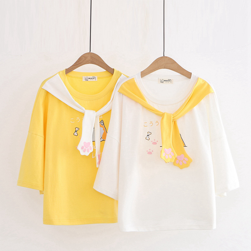 Tie Cat Paw Cartoon Print Short-sleeved Cotton T-shirt Women