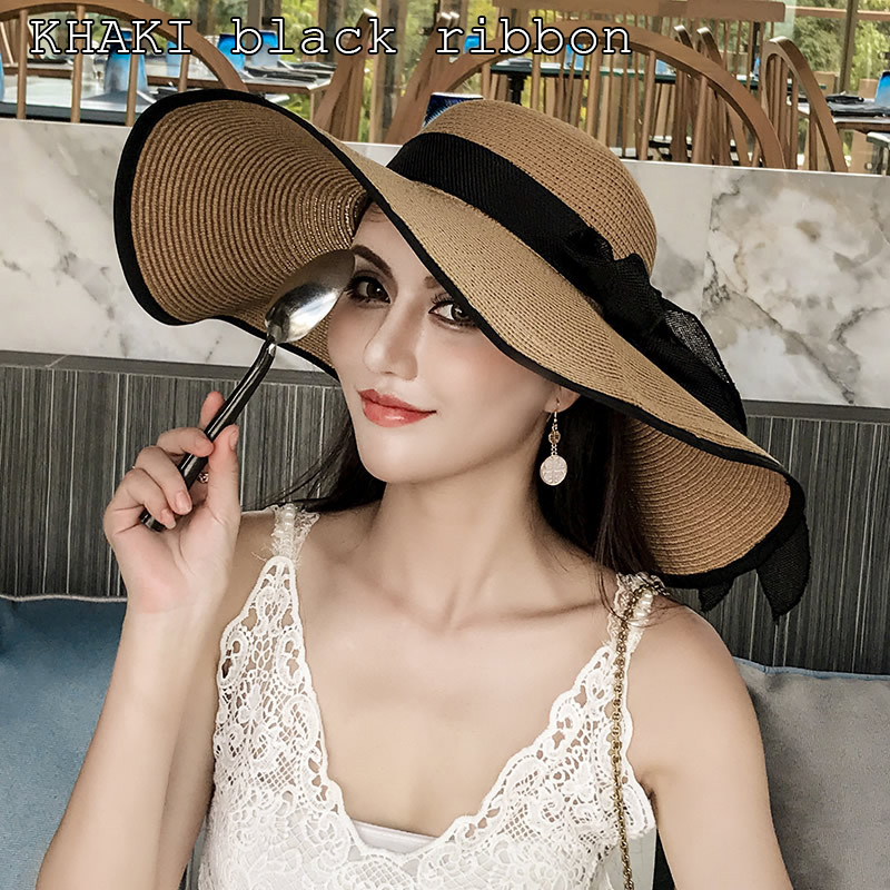 Beach Straw Hat Women's Seaside Big Brim, Sunscreen And Sunshade, All match For Vacation Khaki Black Ribbon - Shop at LoveMi