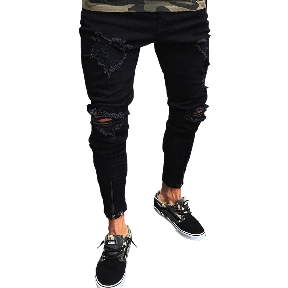 Men's Black Jeans With Worn Cuffs And Ripped Holes