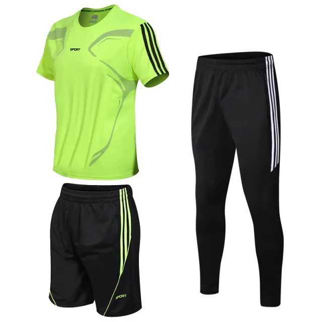 Sports Suit Men's Summer New Black Three Piece Suit Youth Leisure Sports Men's Fitness Three Piece Suit Trend Green - Shop at LoveMi