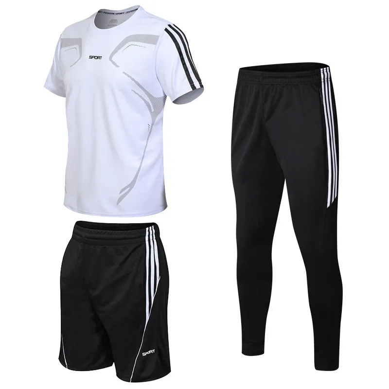 Sports Suit Men's Summer New Black Three-Piece Suit Youth Leisure Sports Men's Fitness Three-Piece Suit Trend - White