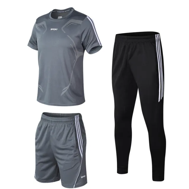 Sports Suit Men's Summer New Black Three Piece Suit Youth Leisure Sports Men's Fitness Three Piece Suit Trend Grey - Shop at LoveMi