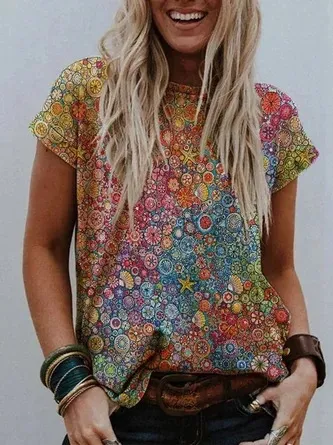 Loose Pullover Print Short Sleeves Yellow - Shop at LoveMi