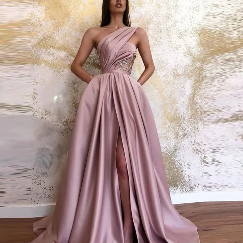Sexy Slit Slanted Shoulder Dress Long Skirt Evening Dress - Pink