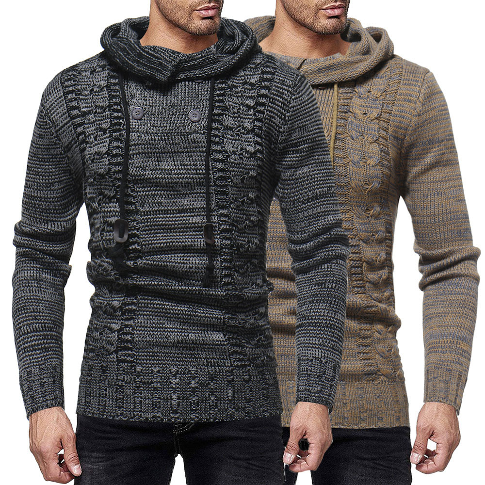 Twist Double-Breasted Color-Blocking Hooded Slim-Fit Knitted Sweater