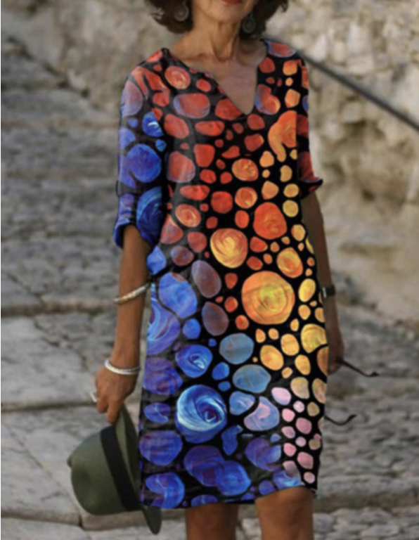 V-neck Retro Print Loose Casual Women's Dress