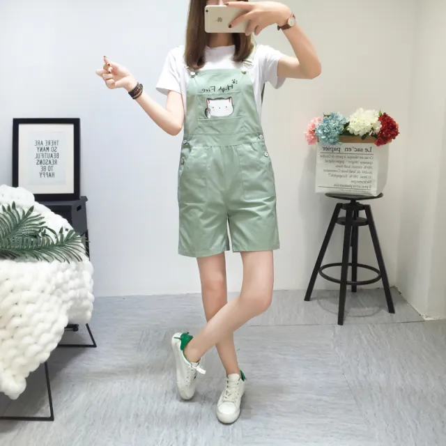 Suspender Shorts Loose Casual All match Cat Wide leg Sling Jumpsuit Green - Shop at LoveMi