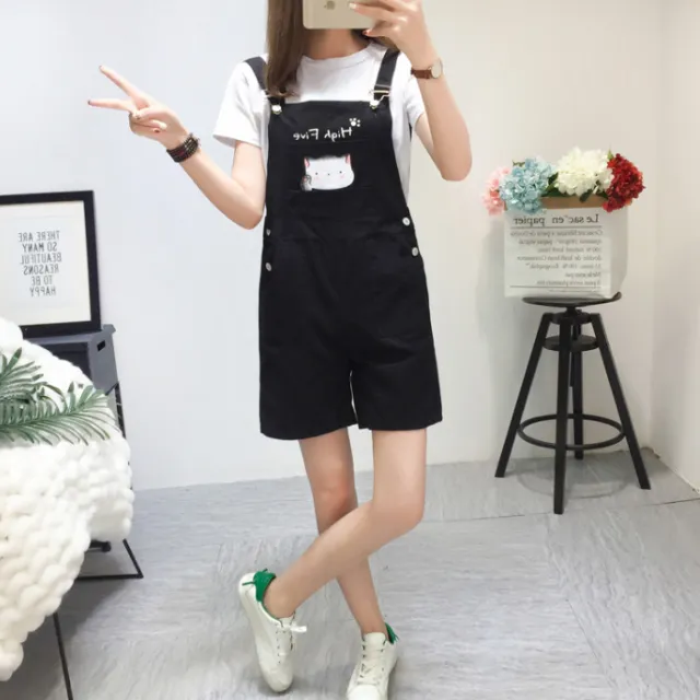 Suspender Shorts Loose Casual All match Cat Wide leg Sling Jumpsuit Black - Shop at LoveMi