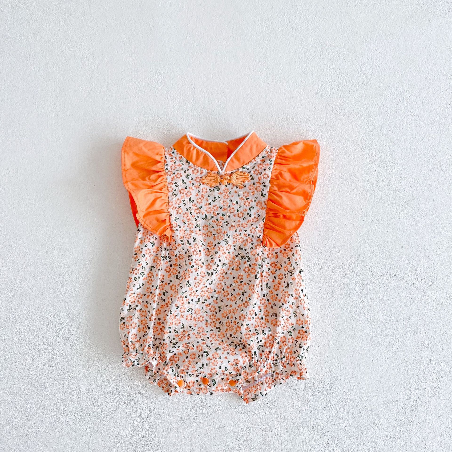Chinese Style Cheongsam Collar Floral Flying Sleeve Romper Jumpsuit Romper