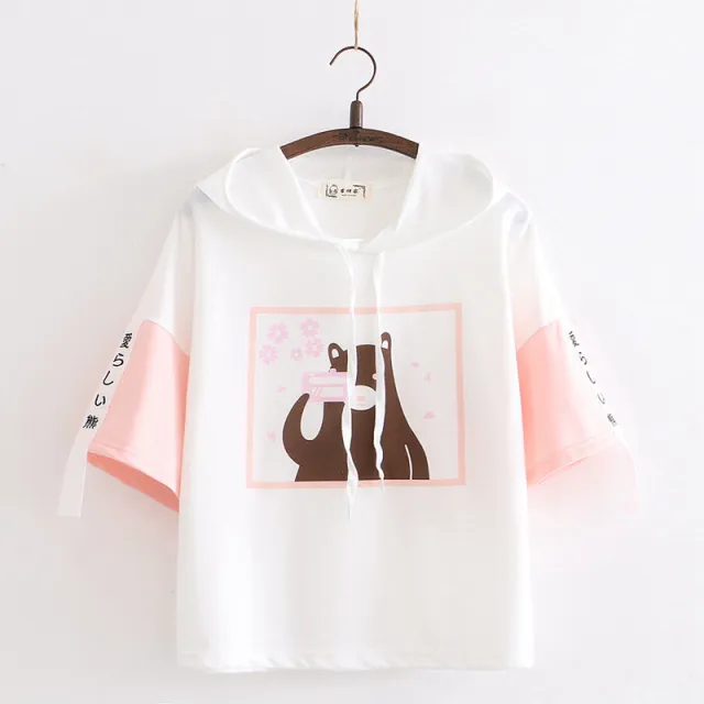 Cartoon Sweet Camera Bear Print Short sleeved T shirt Women Hoodie Top Pink - Shop at LoveMi