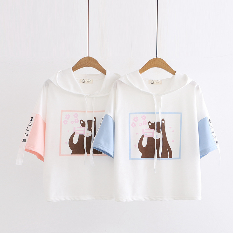 Cartoon Sweet Camera Bear Print Short-sleeved T-shirt Women Hoodie Top