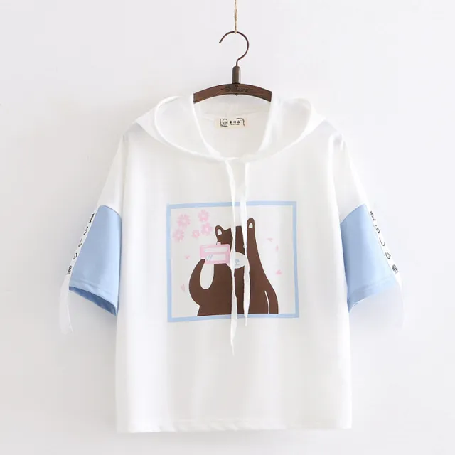 Cartoon Sweet Camera Bear Print Short sleeved T shirt Women Hoodie Top Blue - Shop at LoveMi
