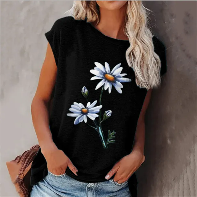 Loose Round Neck Floral Print Short sleeved T shirt Black - Shop at LoveMi