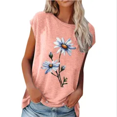 Loose Round Neck Floral Print Short-sleeved T-shirt - Pink - View 1