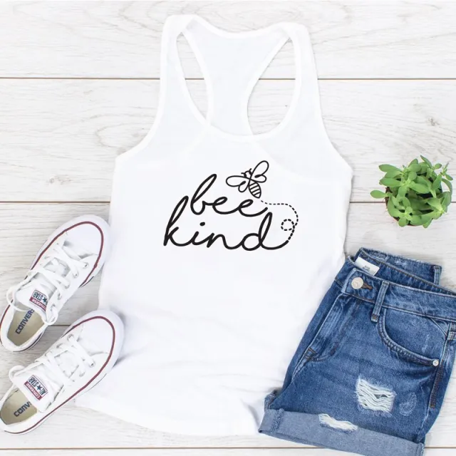 Women's Racerback Bee Kind Print Tank Tops Fashion White - Shop at LoveMi